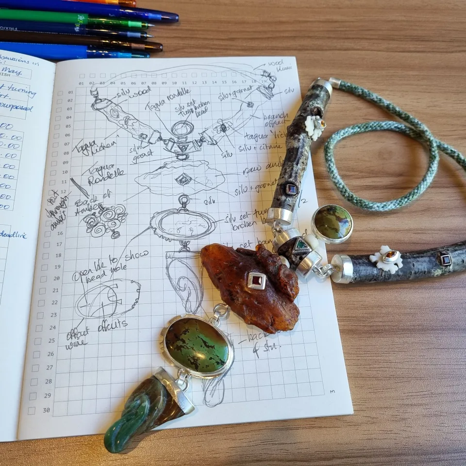 A design sketchbook covered in drawings, with loose gemstones and a part-made necklace on top