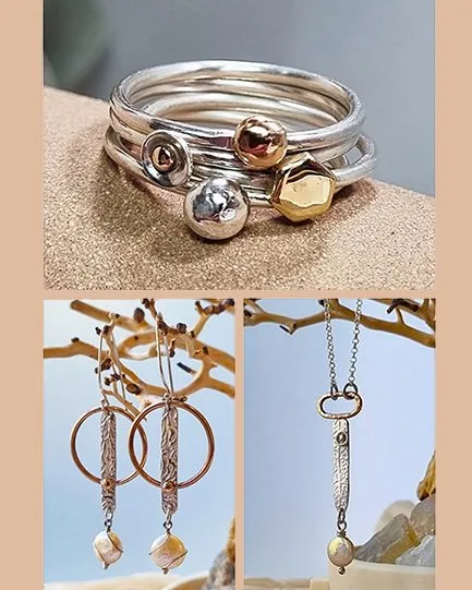 A collage of rings, earrings and pendants grouped by style